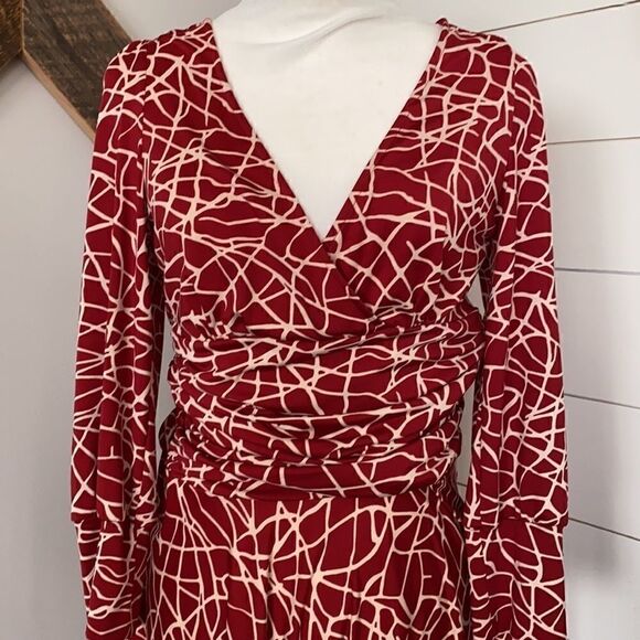 BCBGMaxAzria | Burnt Orange Giraffe Pattern Print Faux Wrap Ruched Dress | M - Picture 2 of 10